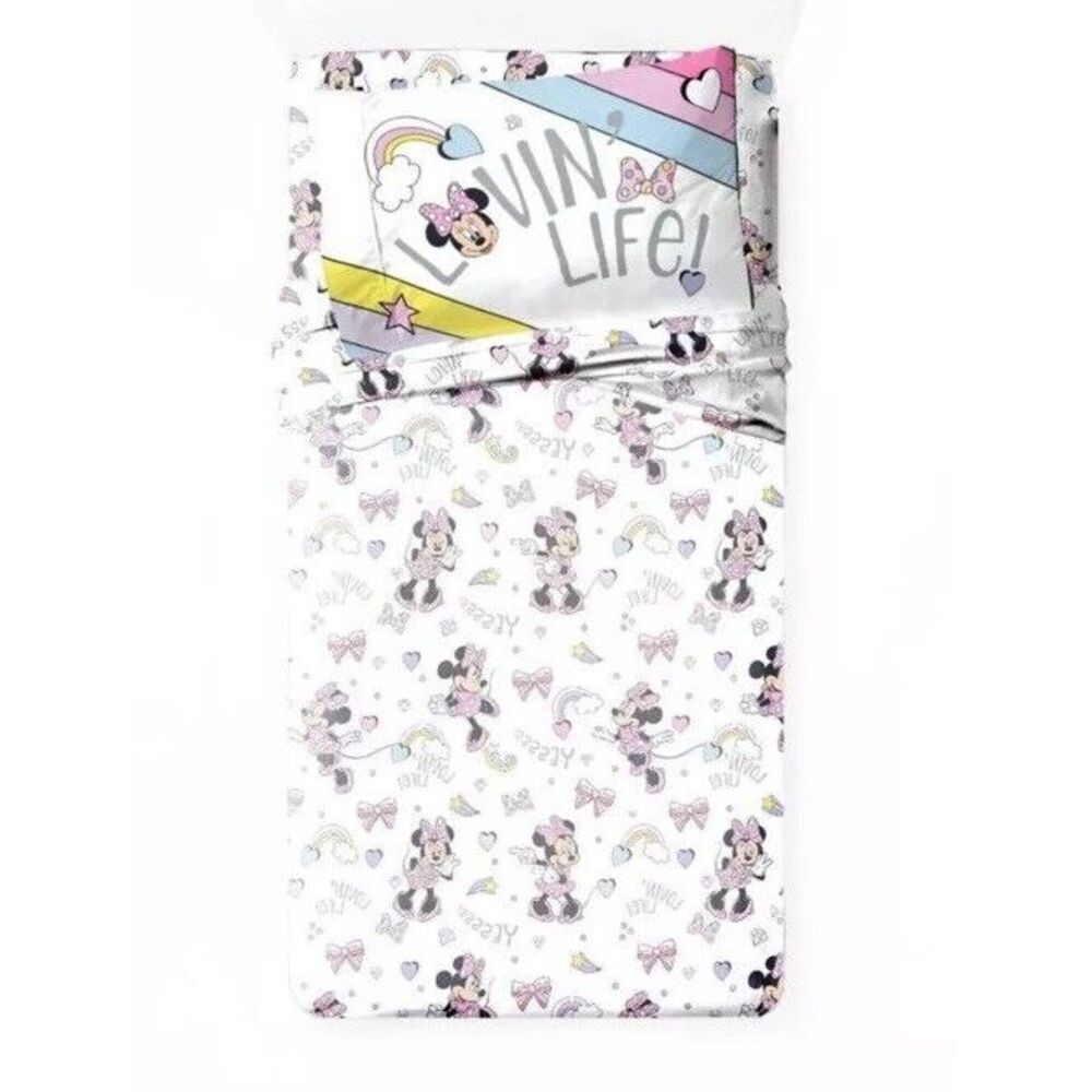 Disney Minnie Mouse Kids Bedding Twin Sheet Set White Pink Pllwcase‎ Flat Fitted